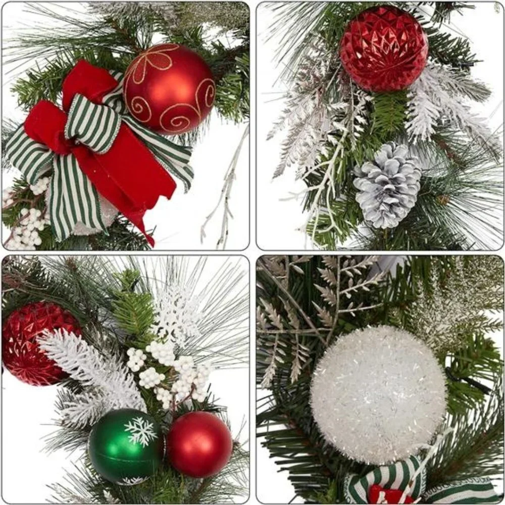 9ft Prelit Christmas Garland with 40 Light for Front Door, w/ Bow Christmas Ball